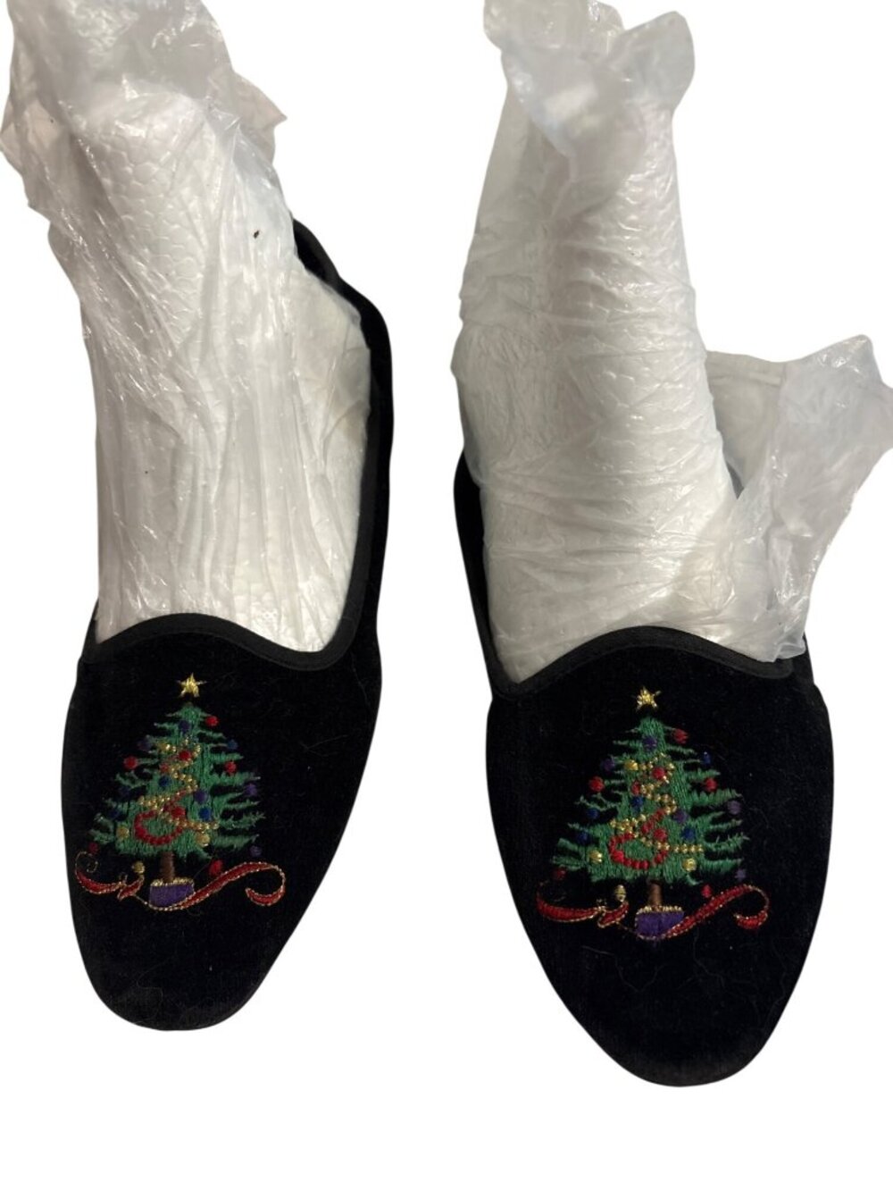 Black Velvet Christmas Tree Embroidered Womens Flats Size 8 Holiday